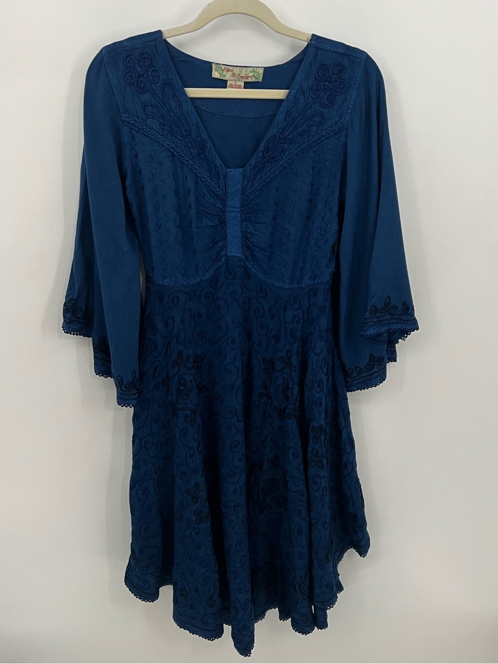 Vintage Agan Traders Embroidered Blue Boho Whitchycore Fairy Dress